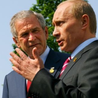 Президентите Буш и Путин по време на разговорите си в Германия