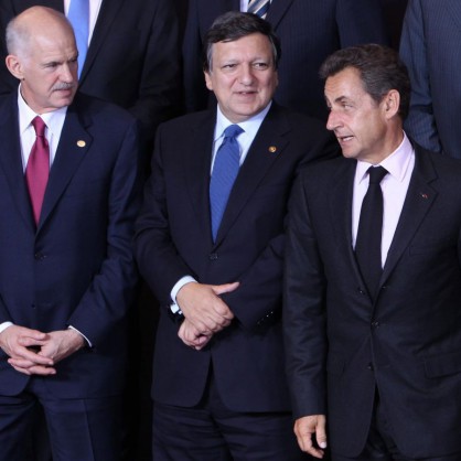 Георгиос Папандреу, Жозе Мануел Барозу и Никола Саркози на Европейския съвет