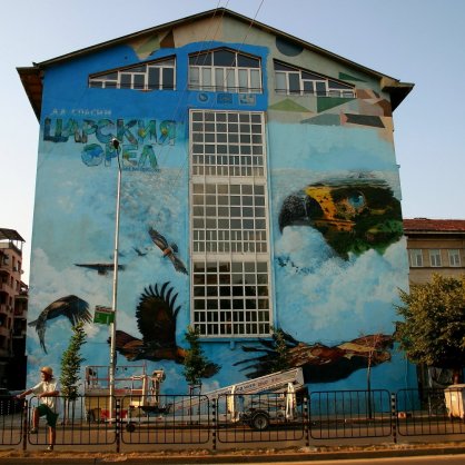15-метров графит с величествени птици на фасадата на 32 СОУ