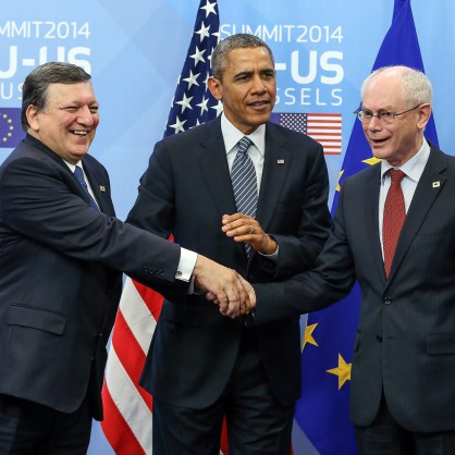 Барак Обама, Херман Ван Ромпой и Жозе Мануел Барозу в Брюксел