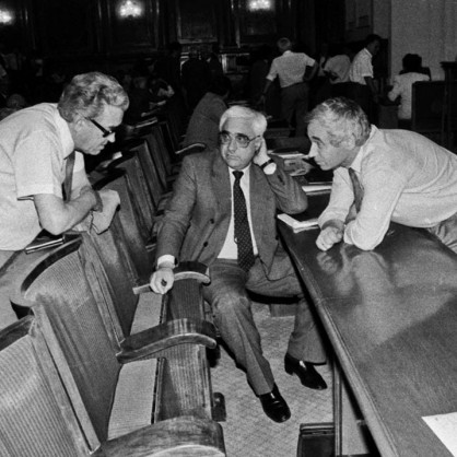 1990 – Станко Тодоров, Андрей Луканов и Желю Желев в в Пленарна зала на Великото народно събрание