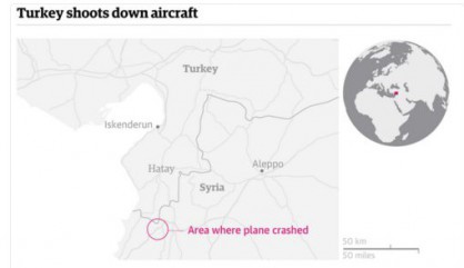 Карта на района, където е свален руският самолет