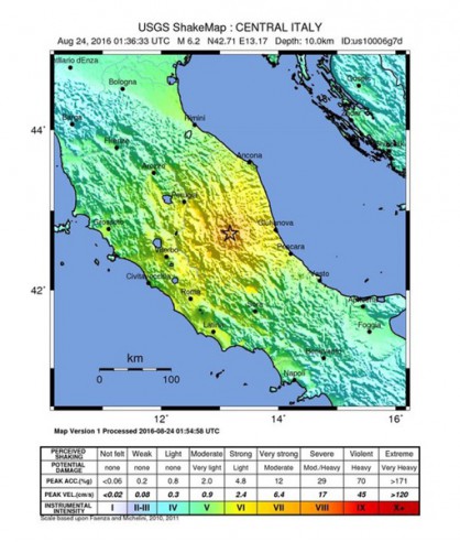Районът на земетресението според карта, разпространена от американски геофизически институт