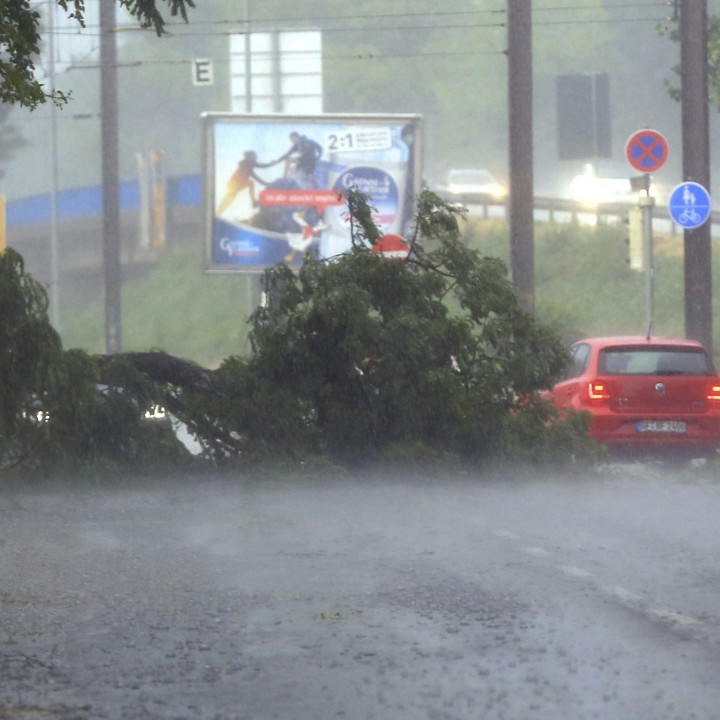 Бурята нахвърля клони върху шосе край Магдебург